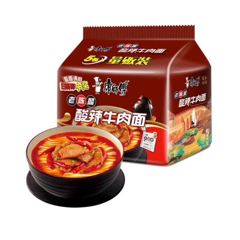 康师傅方便面 五连包 老陈醋酸辣牛肉面 5*111g/Nudelnsuppe Rind scharfsauergeschmack 5er MEISTER KONG