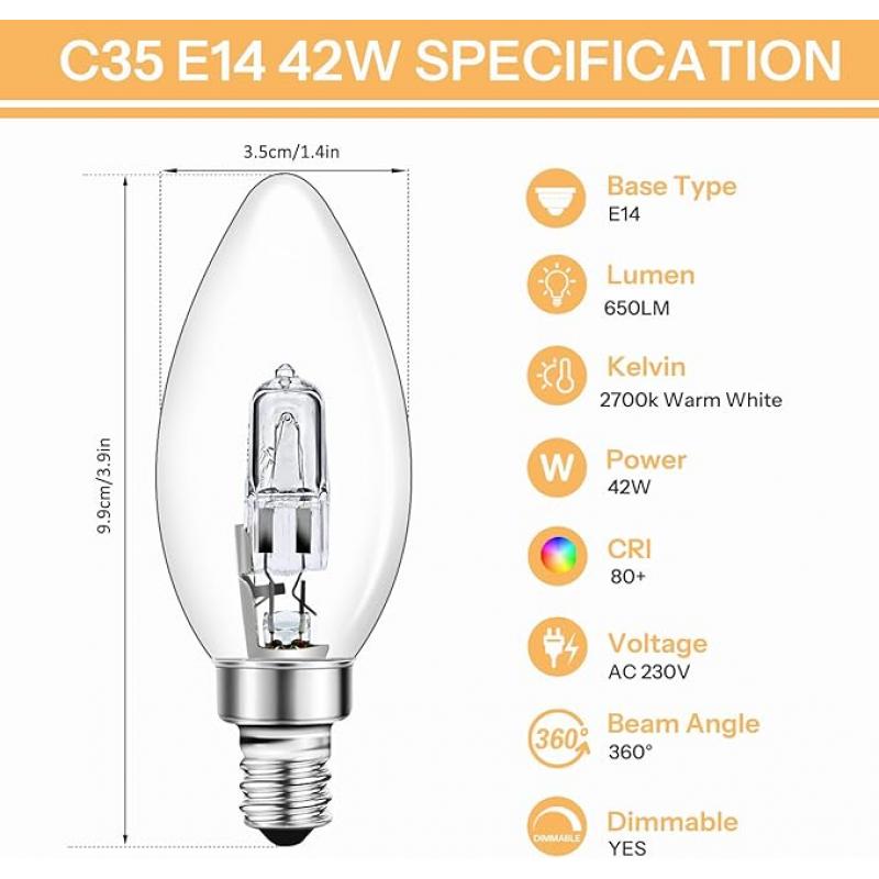 灯泡 C35 E14 42W 10个装螺旋口 Halogen Candle Bulbs, Warm White 2700K Dimmable, C35 Edison Screw Bulb, E14 Halogen Bulb